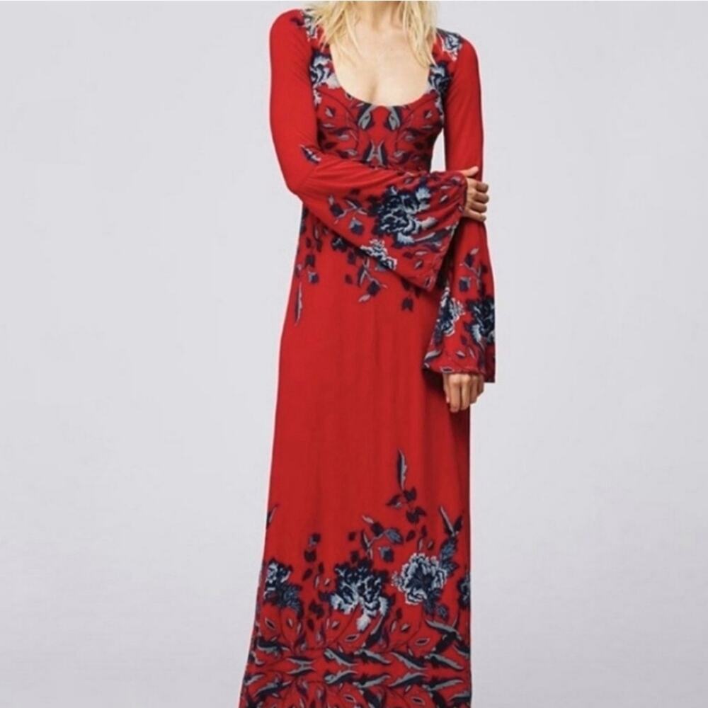 Free People Red Floral Maxi Dress with Navy Accents
